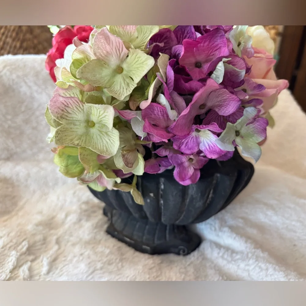 Artificial Floral Arrangement in Black Planter Ranunculus Hydrangeas Roses